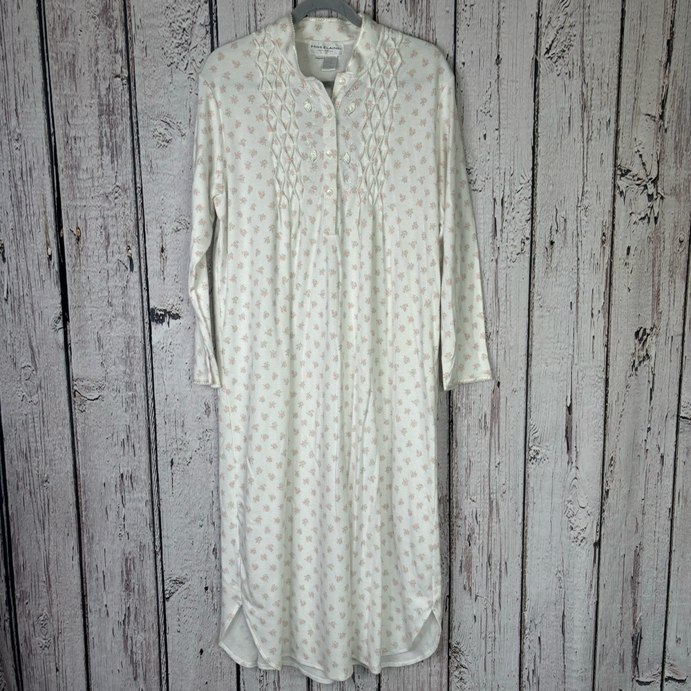 Vintage Miss Elaine Intimates Long Floral Nightgown Medium Long Sleeve High Neck